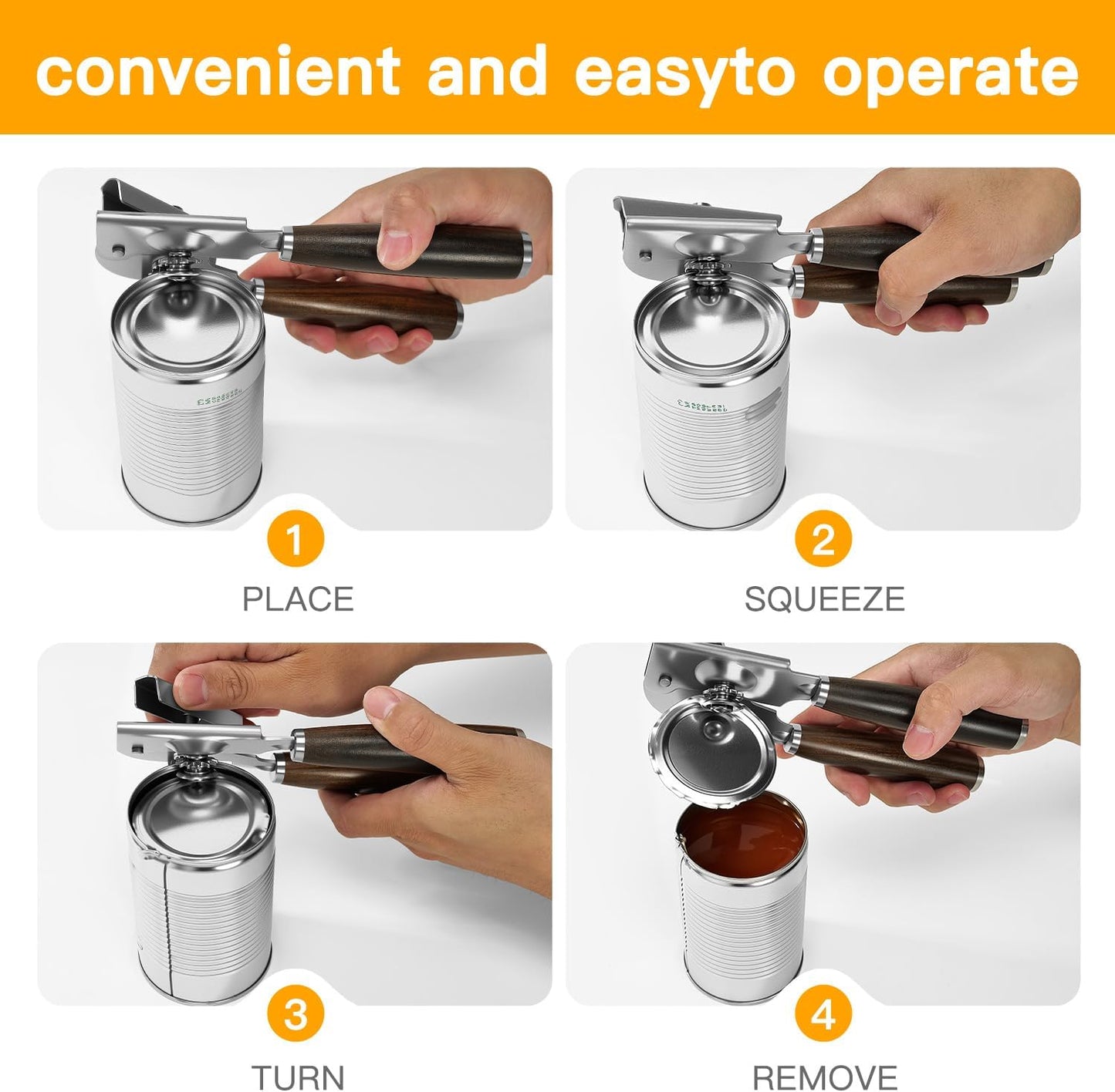 Upgraded Efficient Manual Can Opener - Selected Solid Wood Handle, Sharp and Smooth Blade Edge, Portable Design, Easy-Open Large Knob, Versatile for Various Bottle Caps（Rosewood）