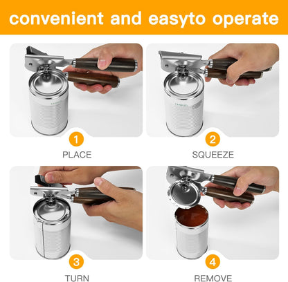 Upgraded Efficient Manual Can Opener - Selected Solid Wood Handle, Sharp and Smooth Blade Edge, Portable Design, Easy-Open Large Knob, Versatile for Various Bottle Caps（Rosewood）
