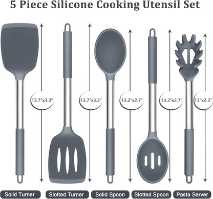 TeamFar Cooking Utensils Set, 5 PCS Silicone Kitchen Utensils with Stainless Steel Handle, for Nonstick Cookware Flipping Frying Turning Draining, Heatproof & Healthy, Nonstick & Easy Clean, Black