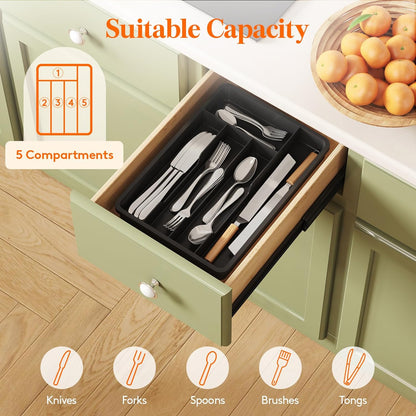 Lifewit Silverware Drawer Organizer Tray, Plastic Cutlery Storage for Kitchen, Flatware and Utensil Holder Divider for Spoons Forks Knives Tableware, 9.1 x 12.6", 5 Slots, Black