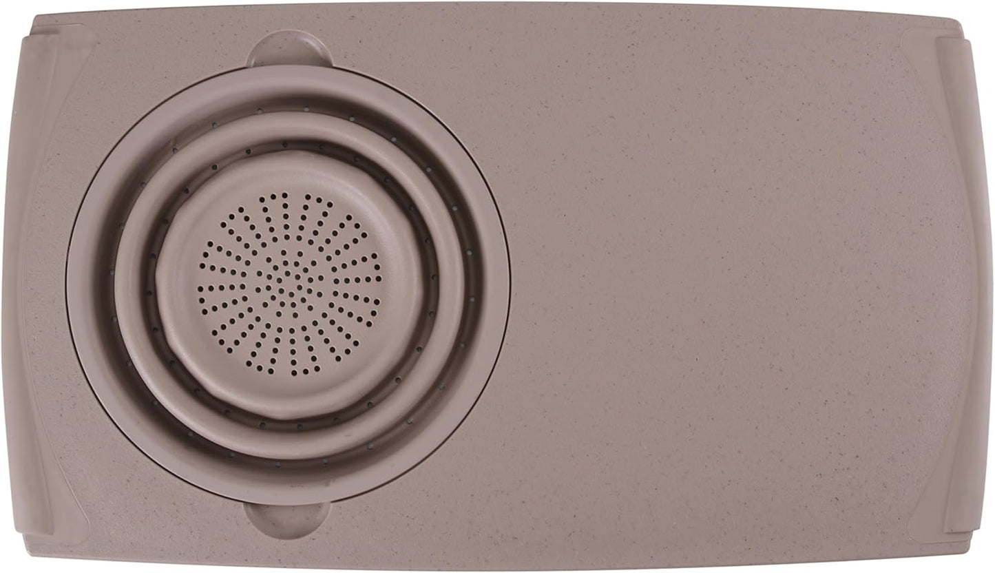 Dexas Over the Sink PolyFiber Flax Cutting Board with Collapsible Colander Strainer, 11.5 x 20", Cream