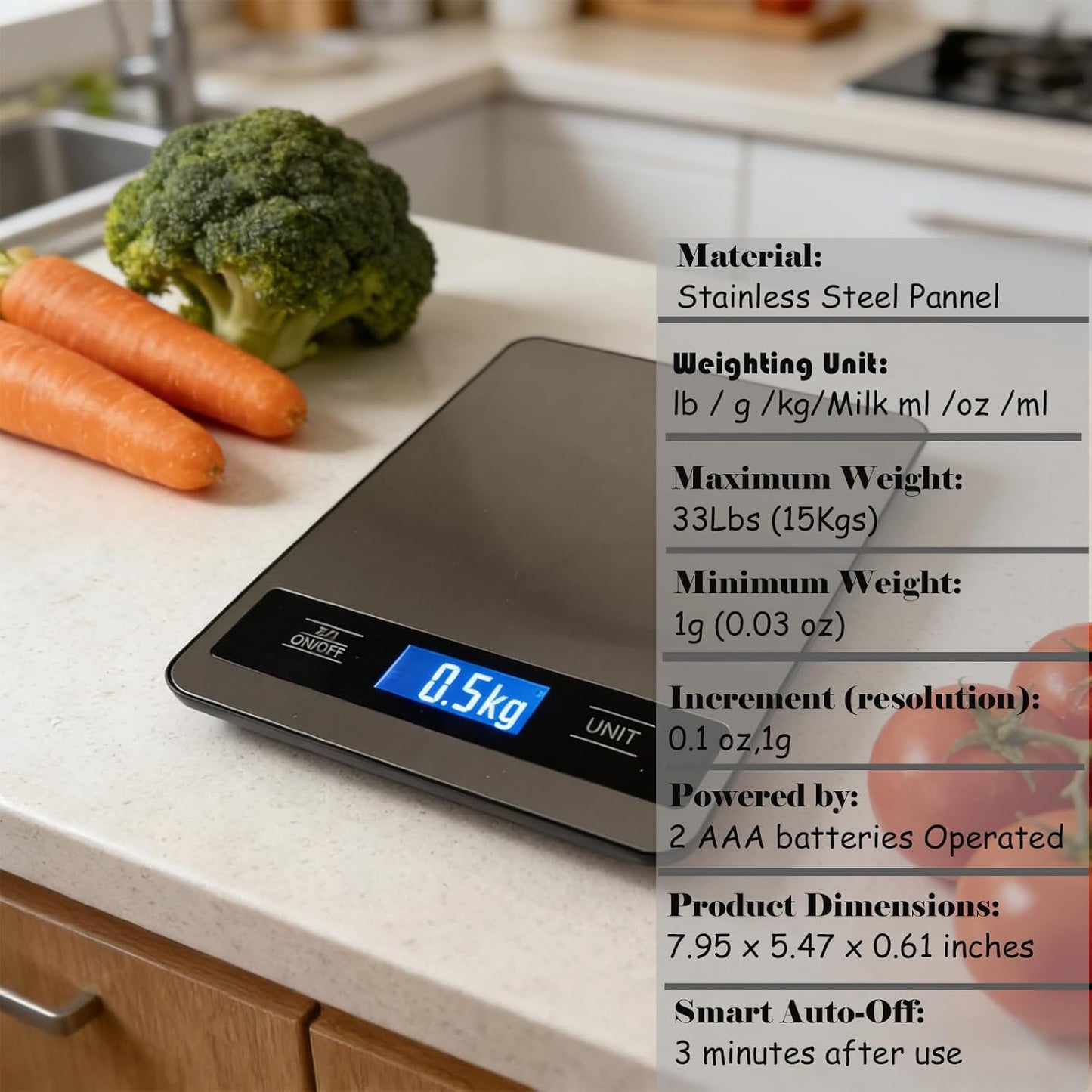 Kitchen Food Scale 33lb/15kg, High Precision 1g Digital Weight Scale with Timer & Backlit LCD, Stainless Steel, Tare & Unit Conversion (g/oz/ml/lb) for Pet Care or Cooking Baking Coffee Meat Bread