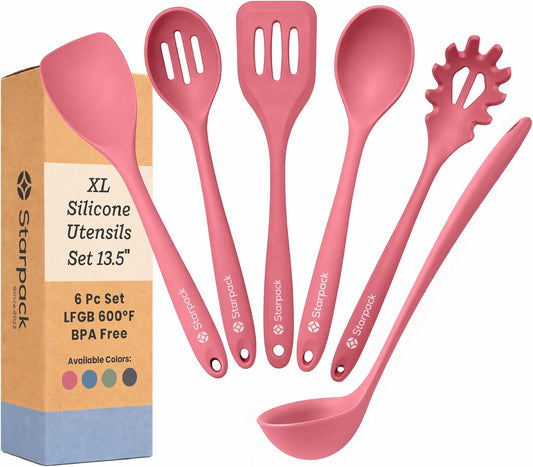 Starpack Like a Boss XL Silicone Cooking Utensils Set (6-Piece, 13.5") - LFGB Certified, 600°F Heat Resistant, BPA-Free - Heavy-Duty Steel Core, Dishwasher Safe - for Nonstick Cookware, Sage Green