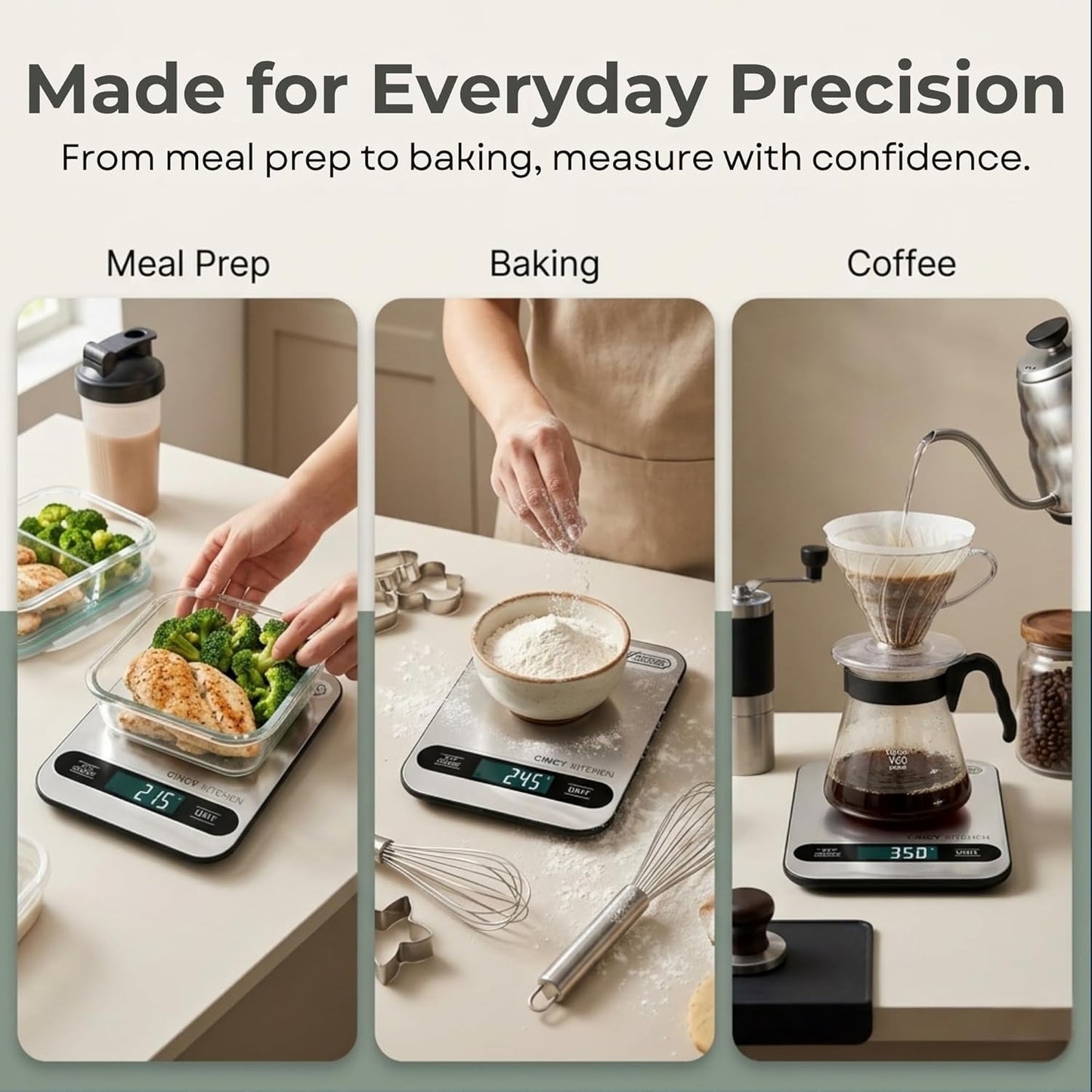 CINCY Digital Food Scale for Kitchen – Stainless Steel Kitchen Scale with Tare Function, Large LCD – Meal Prep, Baking & Cooking Scale - 6 Units (g/oz/lb/ml/kg) -10kg/22lb Capacity, 1g Precision