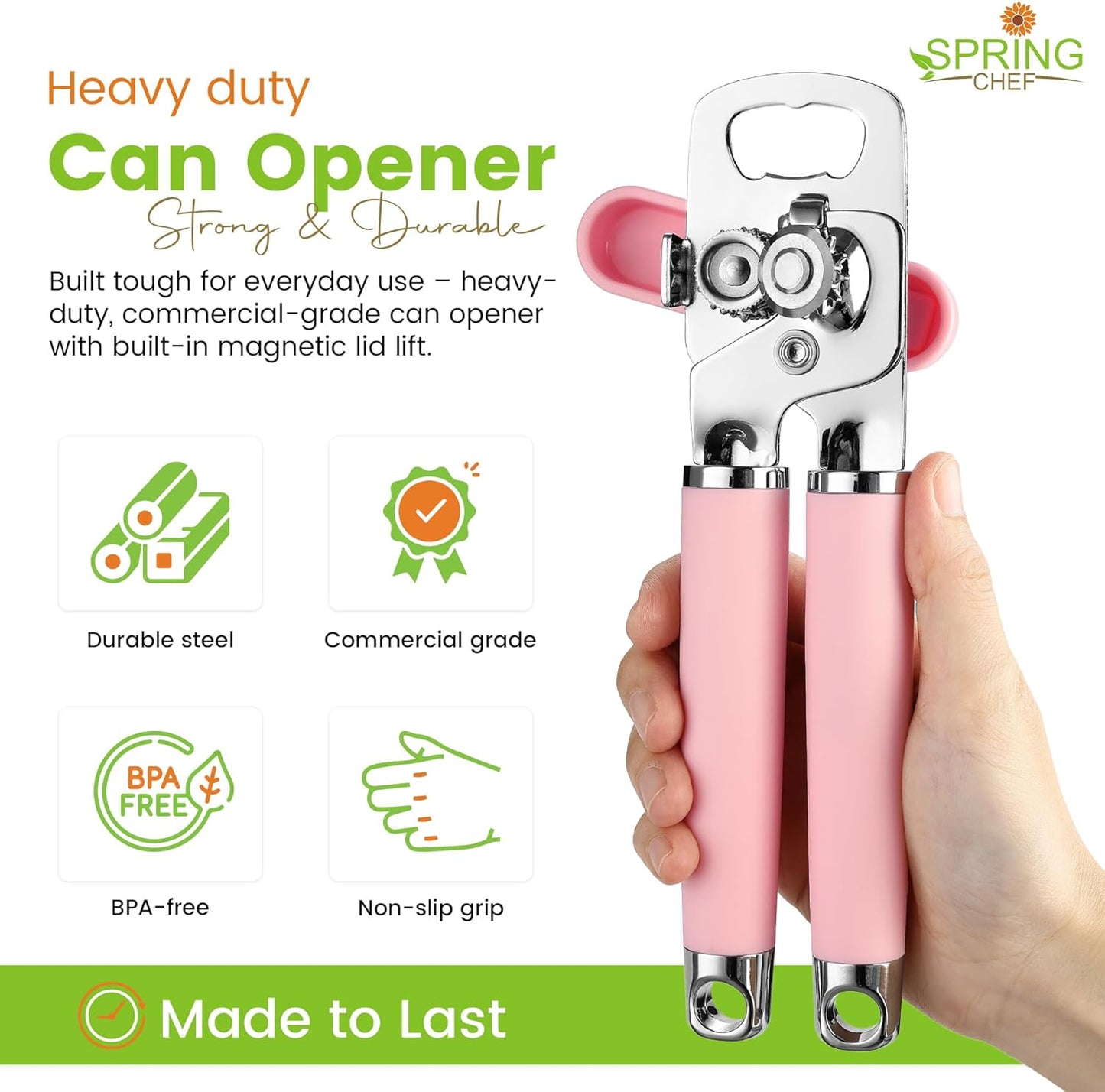 Spring Chef Stainless Steel Can Opener - Manual with Soft Grip Handles, Easy Turn, Heavy Duty Hand Can Openers for Seniors with Smooth Edge - Magnetic Lid Remover - Black