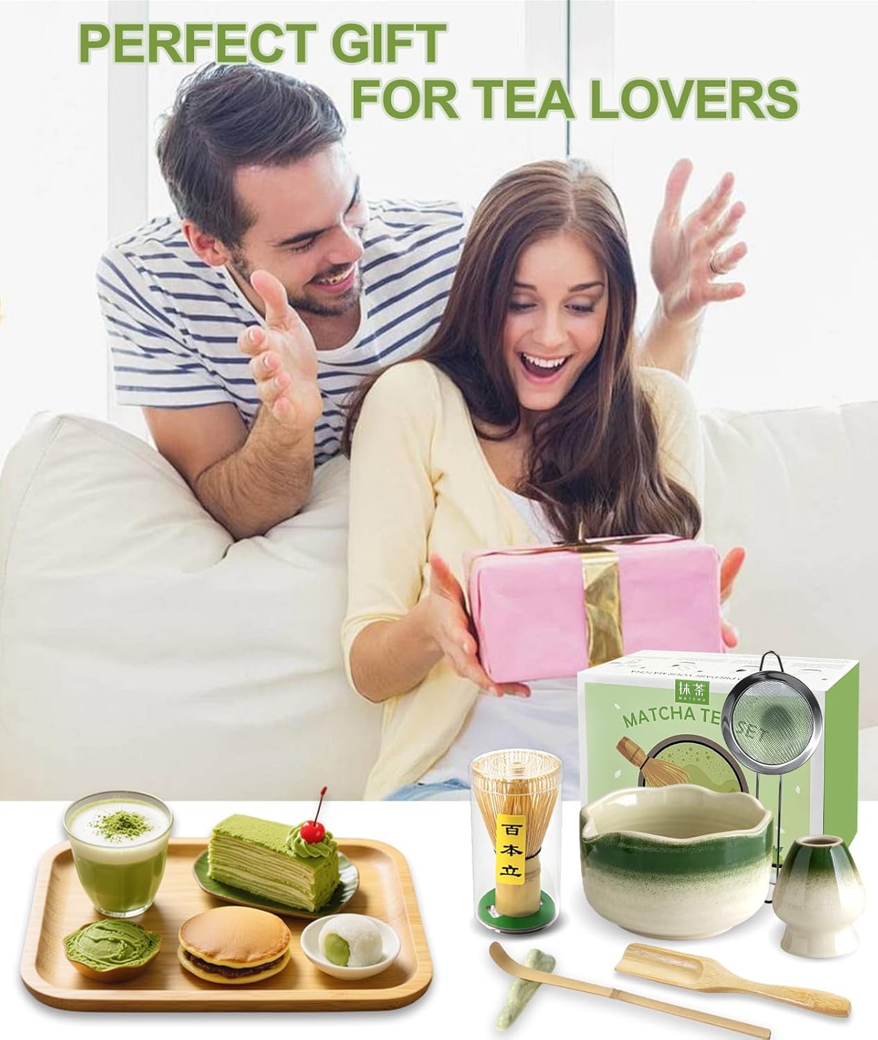 JBER Matcha Whisk Set, Ceramic Matcha Set Includes Bowl & Holder, Bamboo Whisk (Chasen), Sifter, Scoop, Spoon & Rest - 7PCS Matcha Kit Gift for Matcha Lovers & Beginners, Gradient Pink