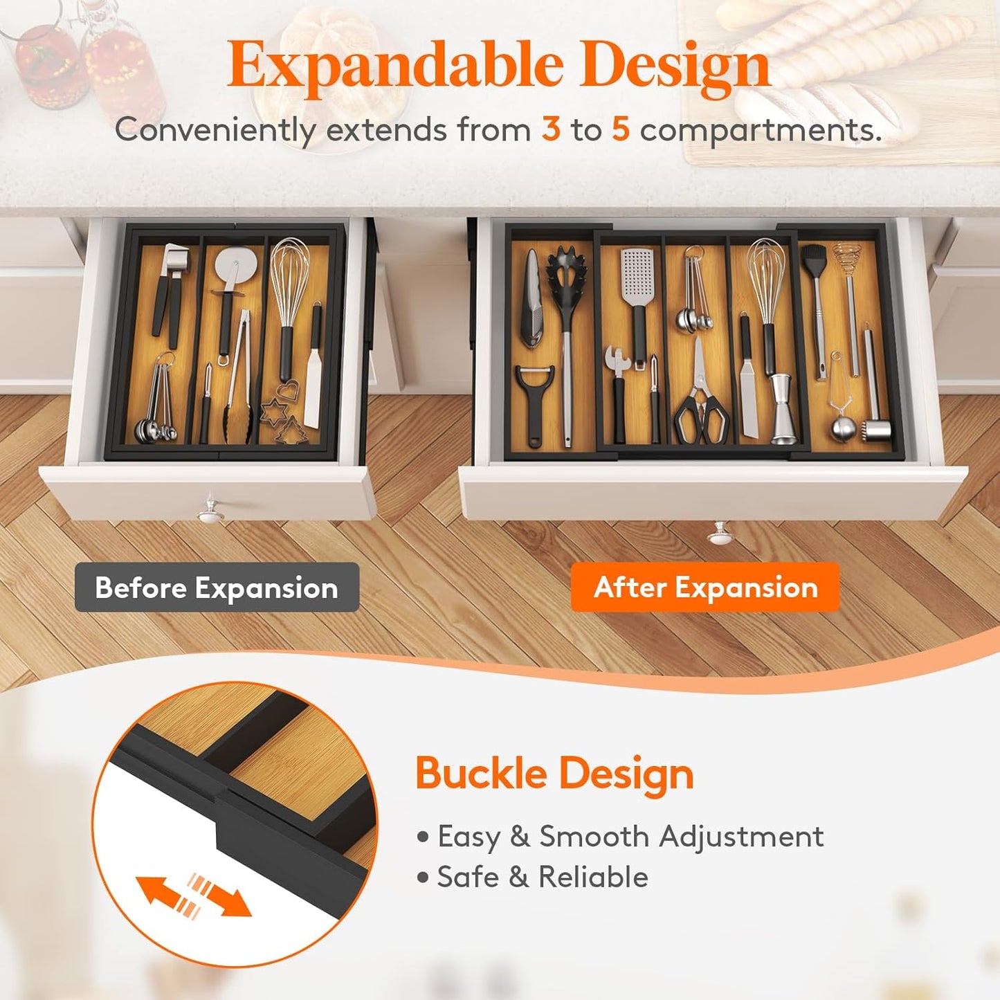 Lifewit Utensil Organizer for Kitchen Drawer, Expandable Cooking Utensil Tray, Cutlery Silverware Flatware Holder, Wood Adjustable Spatula Tools Storage Divider, 8.9-15.8 x 15.75, Natural