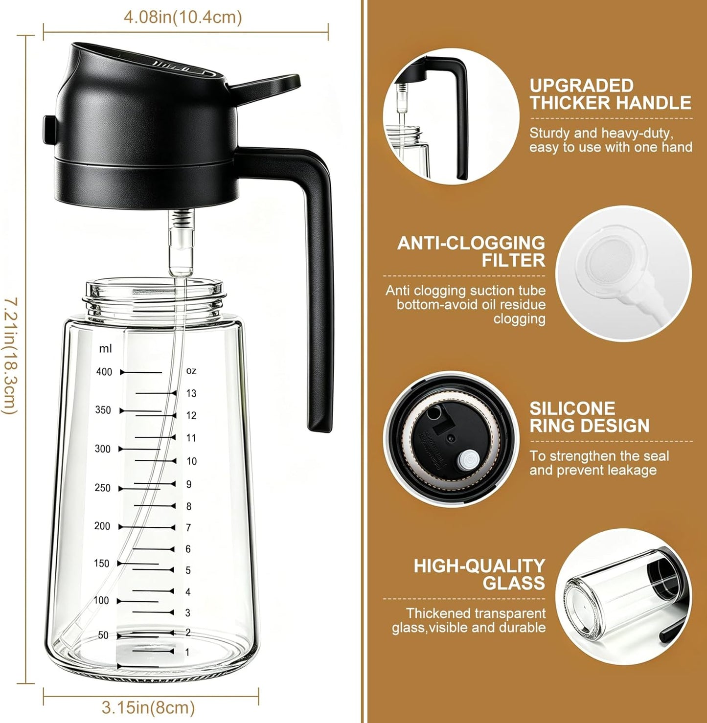 Poshetion 2 in 1 Olive Oil Sprayer for Cooking, 16oz Light-Proof Oil Dispenser for Kitchen, Leak-Proof Oil Spray Bottle for Air Fryer, Salad, BBQ, Baking, Grilling - Black & Green