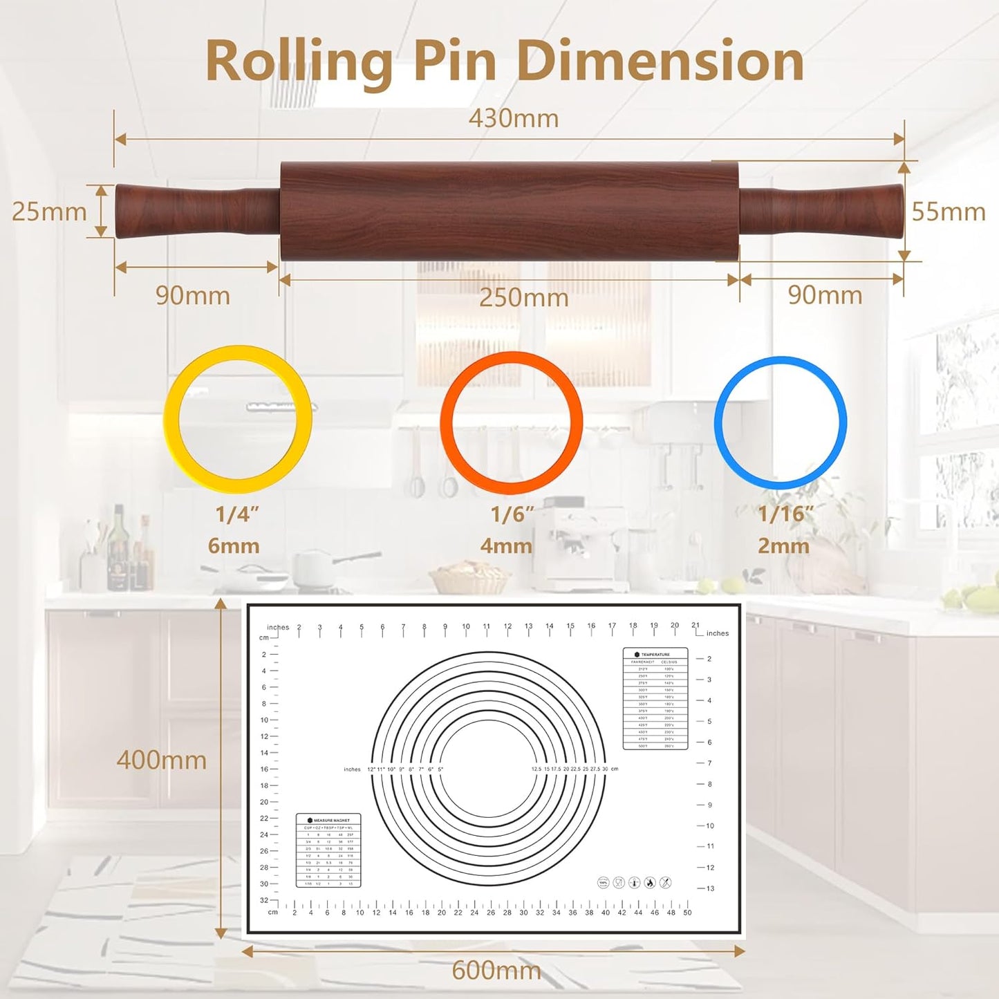 Classic Wooden Rolling Pin with Handle and Pastry Mat for Fondant, Pizza, Pies, Cookies, Rolling Pin for Baking with 3 Multi-Color Thickness Rings, 17" x 2.5" Natural Beechwood