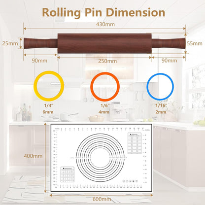 Classic Wooden Rolling Pin with Handle and Pastry Mat for Fondant, Pizza, Pies, Cookies, Rolling Pin for Baking with 3 Multi-Color Thickness Rings, 17" x 2.5" Natural Beechwood