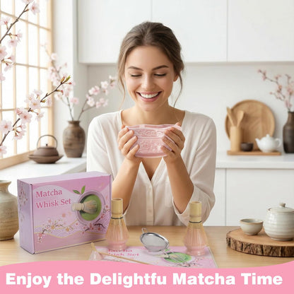 Matcha Whisk Set -7 Pcs Ceramic Matcha Kit Includes Matcha Bowl,Holder,Matcha Sifter, Bamboo Whisk (Chasen),Matcha Spoon and Scoop and Tea Towel,Matcha Kit for Matcha Lovers(Cyan)