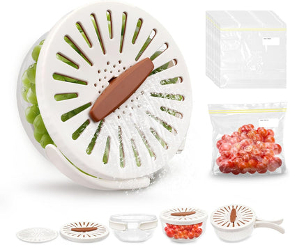 Fruit Washer Strainer Bowl with Foldable Handle, 2 in 1 Fruit Washing Bowl with Strainer with 15 Pcs Food Storage Bags, Fruit Colander Storage Container for Kitchen Fridge Picnic, Brown