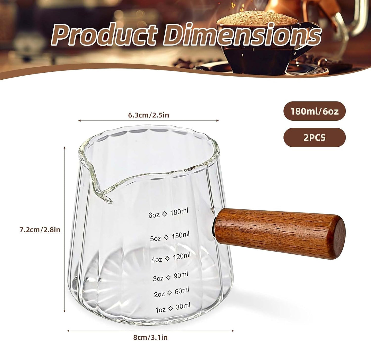 2pcs Espresso Measuring Cups, 6oz Transparent Espresso Shot Glass Measuring Cup with Wood Handle & V-Shaped Spout for Coffee Milk Tea Liquid Serving Bar Accessories