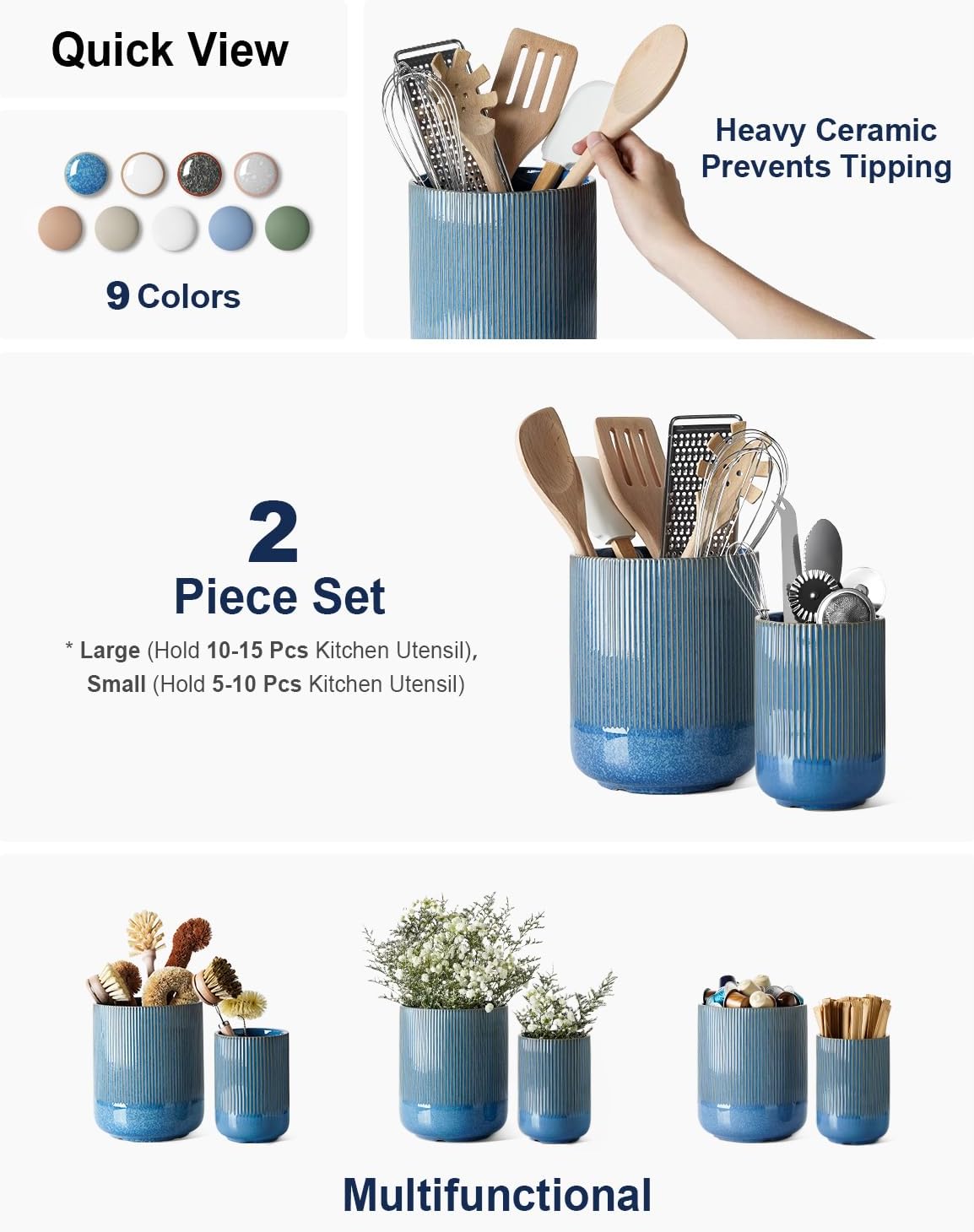 LE TAUCI Utensil Holder for Kitchen Counter, 7.3"+5.4" Fluted Ceramic Utensil Crock Organizer for Countertop, Heavy Large Holder for Spatulas, Spoons, Set of 2, White, Kitchen Counter Decor