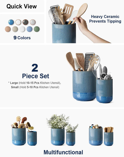 LE TAUCI Utensil Holder for Kitchen Counter, 7.3"+5.4" Fluted Ceramic Utensil Crock Organizer for Countertop, Heavy Large Holder for Spatulas, Spoons, Set of 2, White, Kitchen Counter Decor