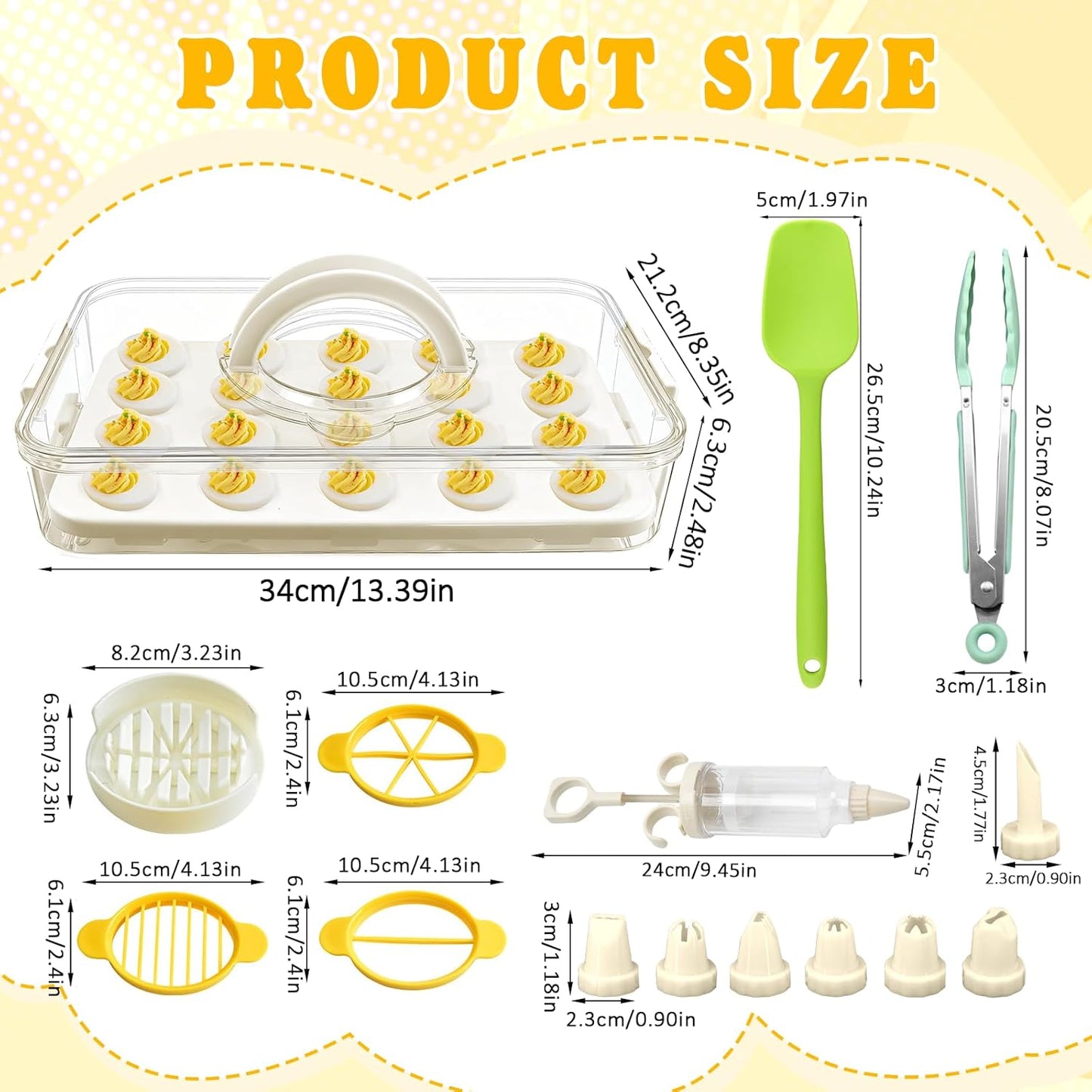 Deviled Egg Containers with Lid & Handle (2 Layer Snap-on) PET Thickened Eggs Holder Inc Egg Slicer Kitchen Tongs Silicone Spatula and Piping Decorating Kit,for Festival Party Brunch