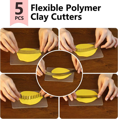 Polymer Clay Cutter Tools, Acrylic Roller Pin, 5 Pieces Flexible Clay Cutters, Ceramic Cutters Slicer Kit Clear Rectangle Sheet Press Board Wire Texture Set Needle Detail Modelling Supplies