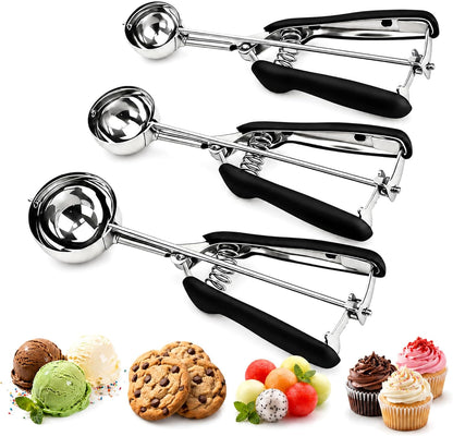 Cookie Scoop Set, Cookie Scoops for Baking Set of 3, Cookie Dough Scoop, Small/Large Ice Cream Scoop, 1/2/3 Tbsp Cookie Scoop with Trigger, Ice Cream Scooper, 18/8 Stainless Steel, Non-Slip
