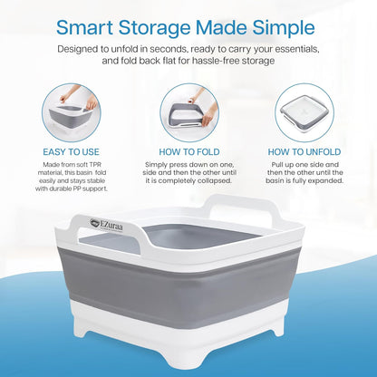 EZuraa 2.4 gal(9L) Gray Collapsible Dish Basin, Portable Sink or Dish Pan for Kitchen Sink with Drain Plug/Strainer, Space Saving Baby Bottle Wash Basin Collapsible Bucket, Beverage Tub for Camping