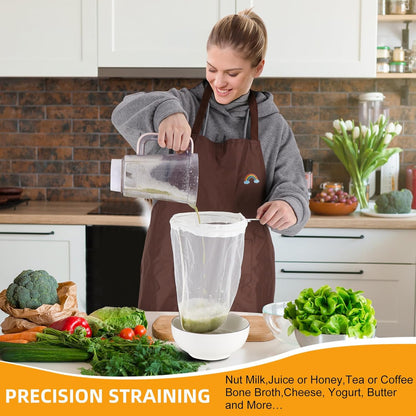 5 Pcs Premium Ultra Fine Mesh Strainer Bags with Stainless Steel Handle, Reusable Nut Milk Bags, Cheese Cloths for Straining Juice, NutMilk, Coffee, Thai Tea, Yogurt and Soup (Medium)