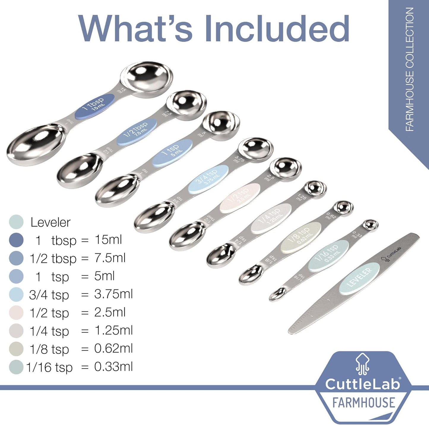 CuttleLab Magnetic Measuring Spoons Set - Stainless Steel, Double Ended, Stackable & Nested Design for Dry and Liquid Ingredients, Ideal for Spice Jars, 9-Piece Set with Leveler (Country Chic)
