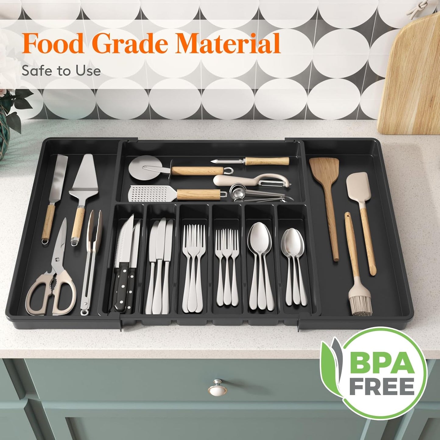 Lifewit Silverware Drawer Organizer, Expandable Utensil Tray for Kitchen, BPA Free Flatware and Cutlery Holder, Adjustable Plastic Storage for Spoons Forks Knives, 11-18 x 14", Black