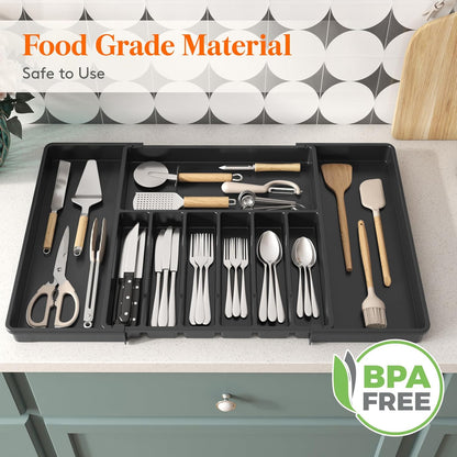 Lifewit Silverware Drawer Organizer, Expandable Utensil Tray for Kitchen, BPA Free Flatware and Cutlery Holder, Adjustable Plastic Storage for Spoons Forks Knives, 11-18 x 14", Black