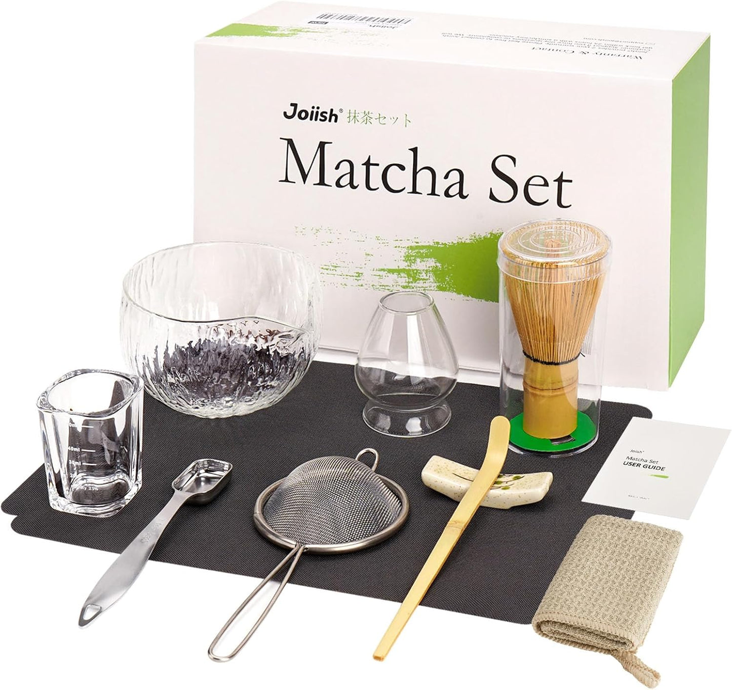 Joiish Matcha Whisk Set, Matcha Kit 10-Pcs, Bamboo Whisk and Ceramic Bowl with Spout & Measuring Spoon & Cup, Japanese Ceremony Matcha Tea Powder Making Tools, Light Green