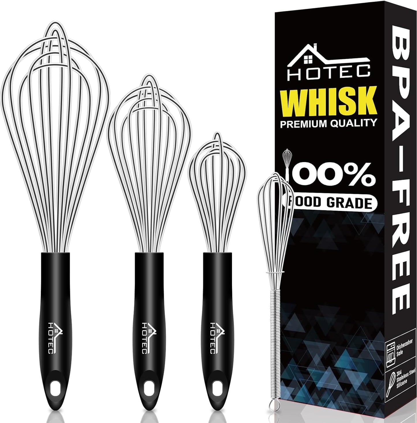 HOTEC 5 & 7 Inch Mini Whisks Anti-Rust 304 Stainless Steel Small Whisk for Cooking, Baking, Mixing Ingredients & Deep Containers