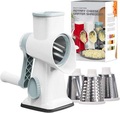 Cheese Grater Cheese Shredder with 3 Interchangeable Blades, Rotary Cheese Grater Manual Vegetable Slicer with Non-slip Suction Base Peanut Nuts Grinder Vegetable Shredder Clear