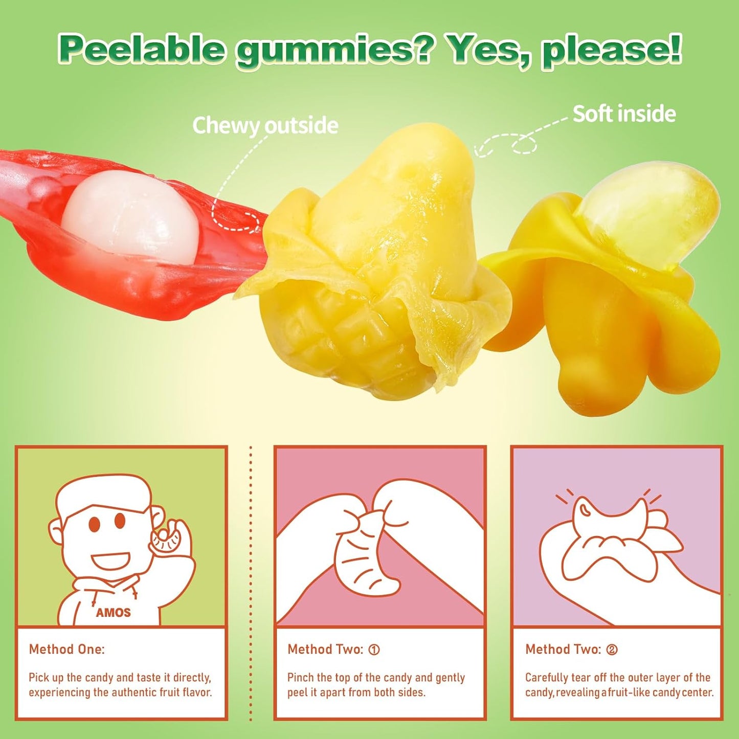 AMOS Peelerz Peelable Gummy Candy Variety Pack, Mango White Peach Banana Green Apple Passion Fruit Lychee, Soft Chewy Fruit Snack, Pack of 6