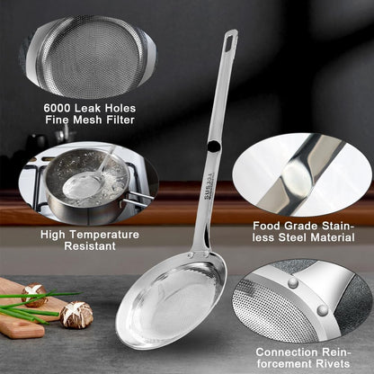 2PCS Stainless Steel Fine Mesh Skimmer, Fat Skimmer Spoon, 2 Sizes Long Handle Hand Held Strainer, Grease Spoon Skimmer For Cooking, Frying, Pasta, Egg, Foam