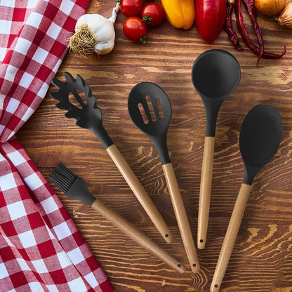 Kitchen Utensils Set- 35 PCs Cooking Utensils with Grater,Tongs, Spoon Spatula &Turner Made of Heat Resistant Food Grade Silicone and Wooden Handles Kitchen Gadgets Tools Set for Nonstick Cookware