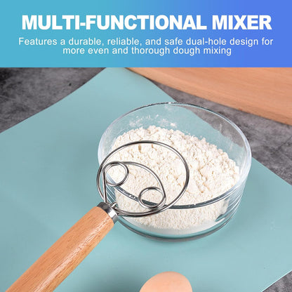 CoguZed Danish Dough Whisk - Stainless Steel Hand Mixer with Wooden Handle, Essential Baking Tool for Sourdough, Artisan Bread & Pastry Dough