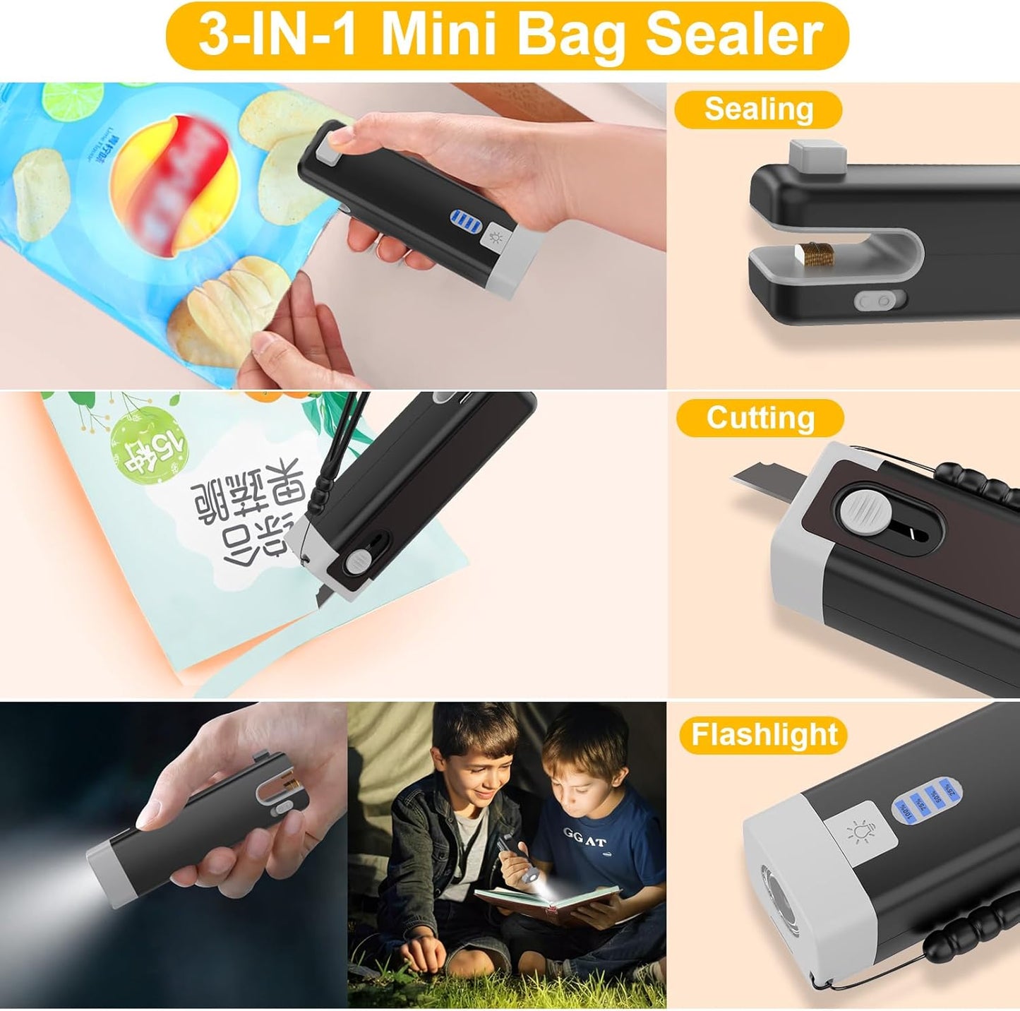 3 in 1 Mini Bag Sealer, USB C Rechargeable Chip Bag Sealer Heat Seal, Bag Sealer Heat Seal with Cutter, Portable Bag Resealer for Plastic Bags Snacks & Food Storage,Ink Black