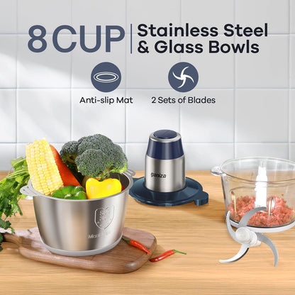 GANIZA Food Processors, Electric Food Chopper with Meat Grinder & Vegetable Chopper - 2 Bowls (8 Cup+8 Cup) with Powerful 450W Copper Motor - Includes 2 Sets of Bi-Level Blades for Fruits/Meat/Nuts