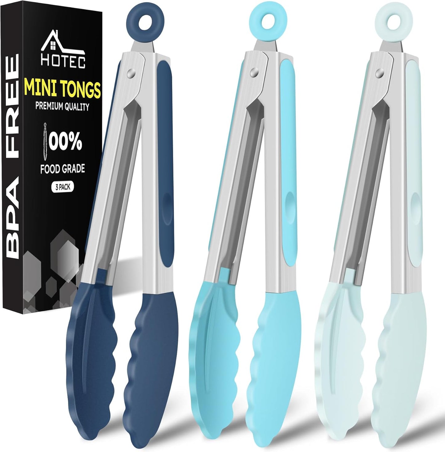 Hotec Silicone Kitchen Tongs for Cooking 9-Inch Serving Tongs with Silicone Tips, Set of 3 (Gradient Blue)