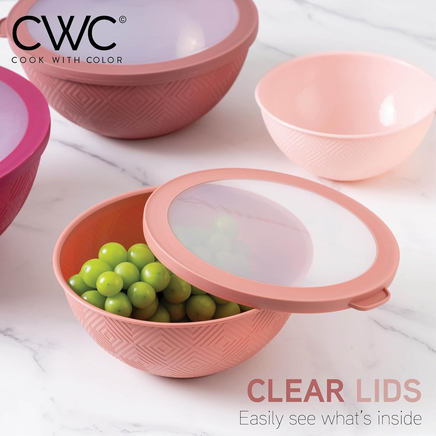 COOK WITH COLOR Mixing Bowls with Lids - 12 Piece Plastic Nesting Bowls Set includes 6 Prep Bowls and 6 Lids, Microwave Safe Mixing Bowl Set, Black Embossed - Colors B