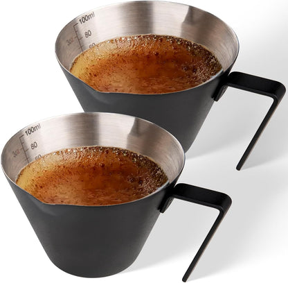 YARRAMATE 2 Pcs Espresso Cups with Handle, Stainless Steel Espresso Accessories, Double Spout Metal Measuring Cup with Dual Scale, Espresso Shot cup with V-Shaped Mouth, 3.4OZ/100ML(Silver)