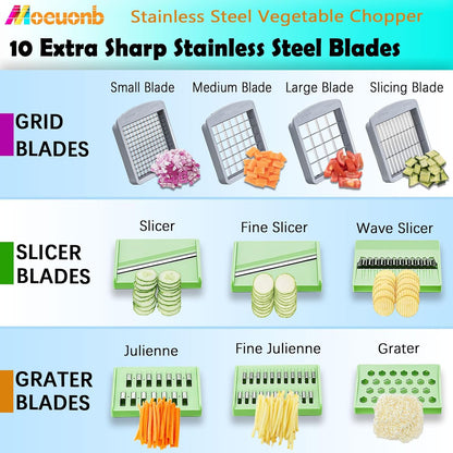 All-in-1 Vegetable Chopper with 8 Blades - Mandoline Slicer-Pro Food Chopper with Container - Veggie Salad Onion Chopper - Potato Dicer French Fry Cutter - Cheese Grater - Stainless Steel material