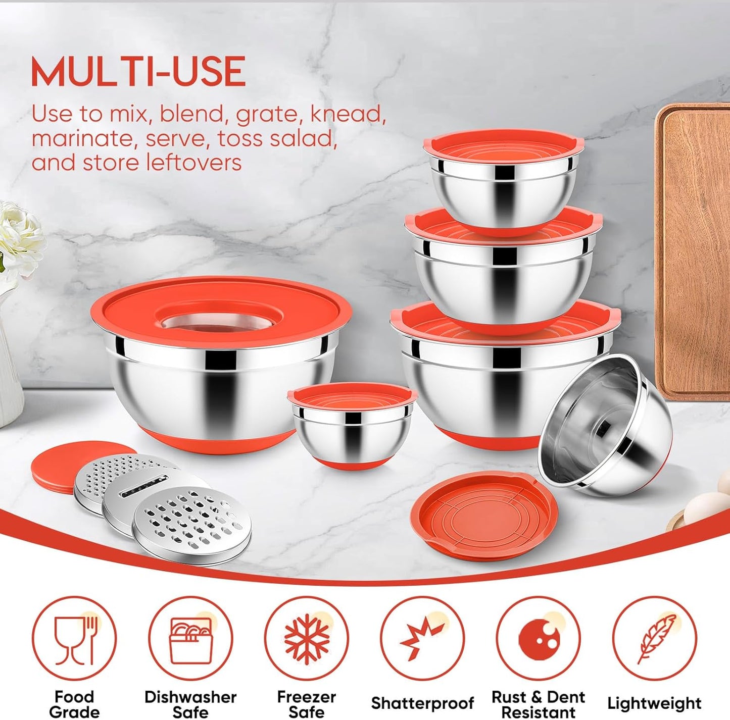 E-far 25PCS Mixing Bowls with Lid Set, Stainless Steel Nesting Prep Bowls with Grater Attachments Non-Slip Bottoms for Cooking, Baking, Serving, Food Storage, 4.6/2.6/2/1.5/1/0.7QT - Blue