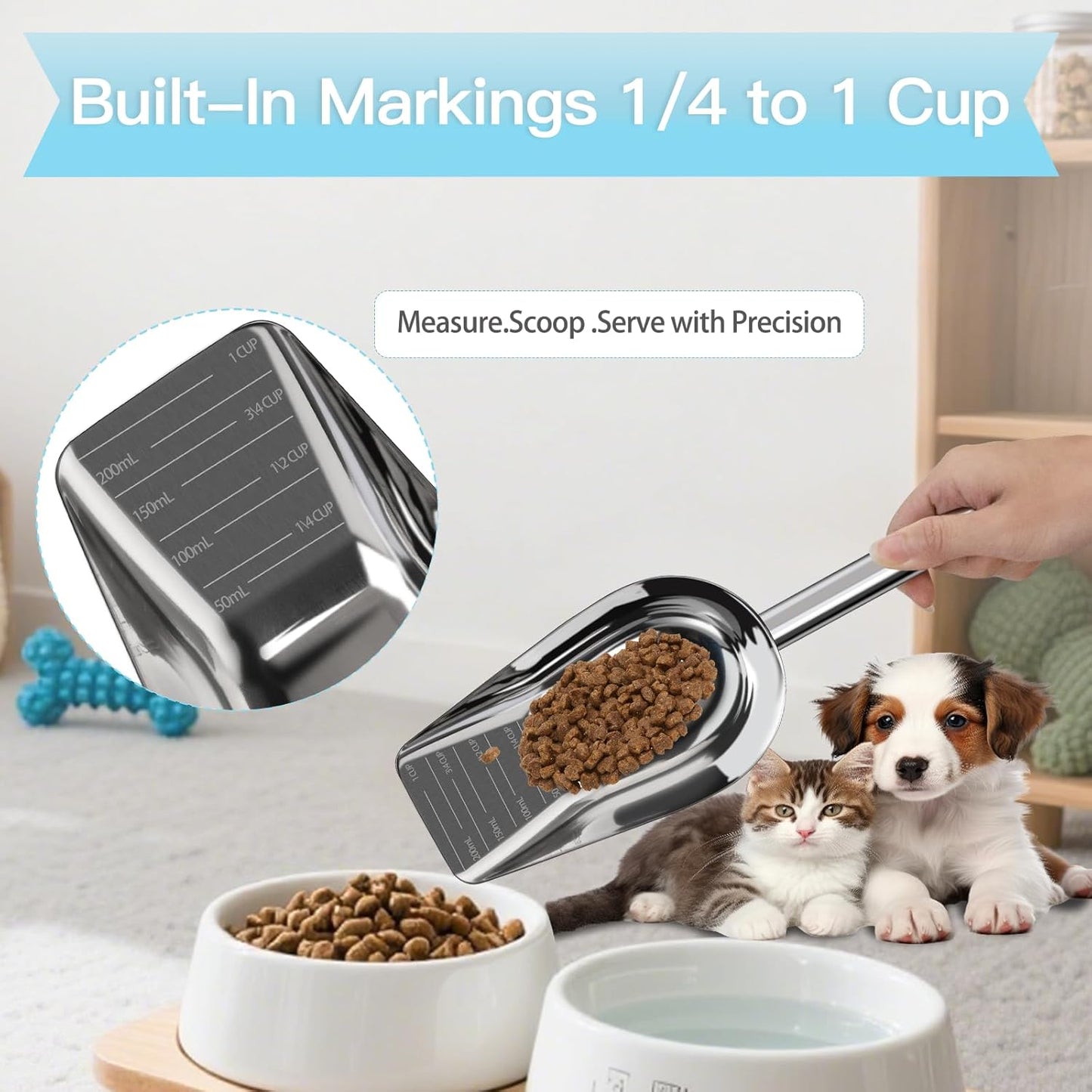 Dog-Cat Food Scoop 1 Cup – Thickened 304 Stainless Steel Pet Food Scoop with Long Handle, Precision Scale, Easy to Clean, Suitable for Wet Dry Food