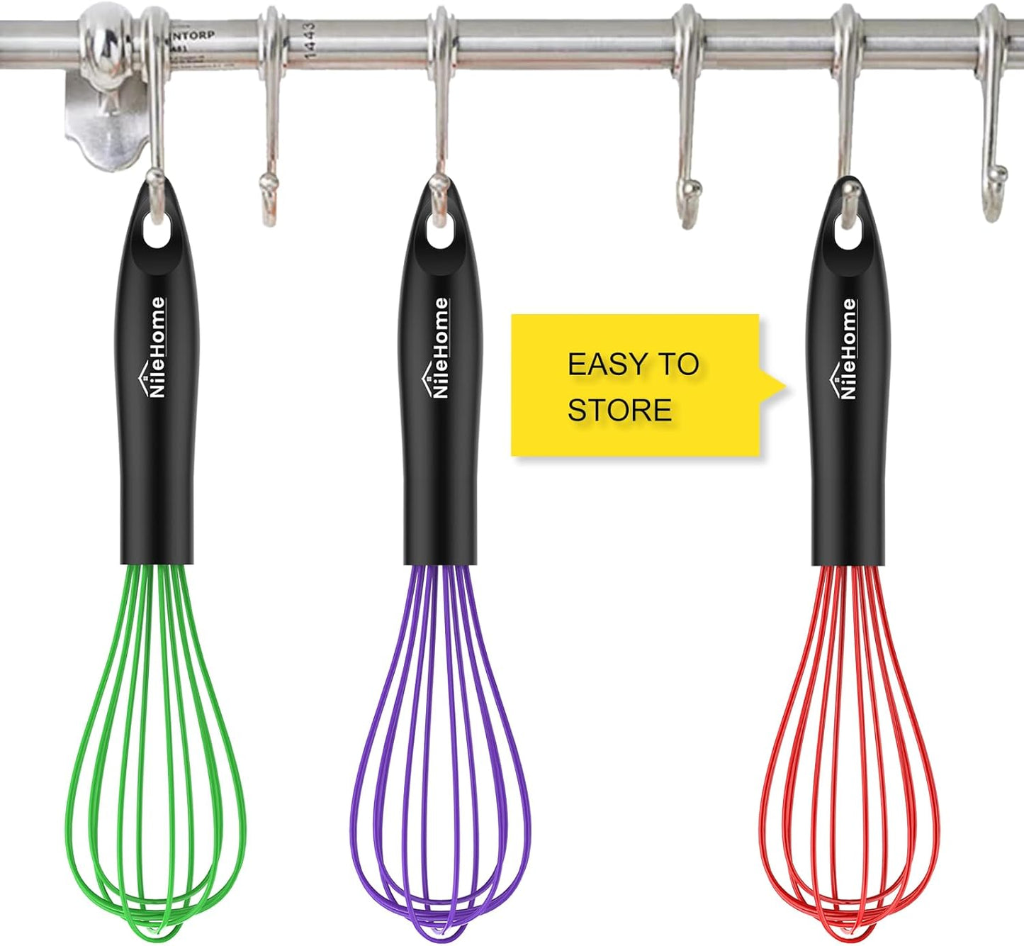 NileHome Silicone Whisk Set 8" 10" 12" Kitchen Whisk Kitchen Wisk Wire Whisks for Cooking, Whisking, Blending, Beating, Stirring-Black 3 Pack