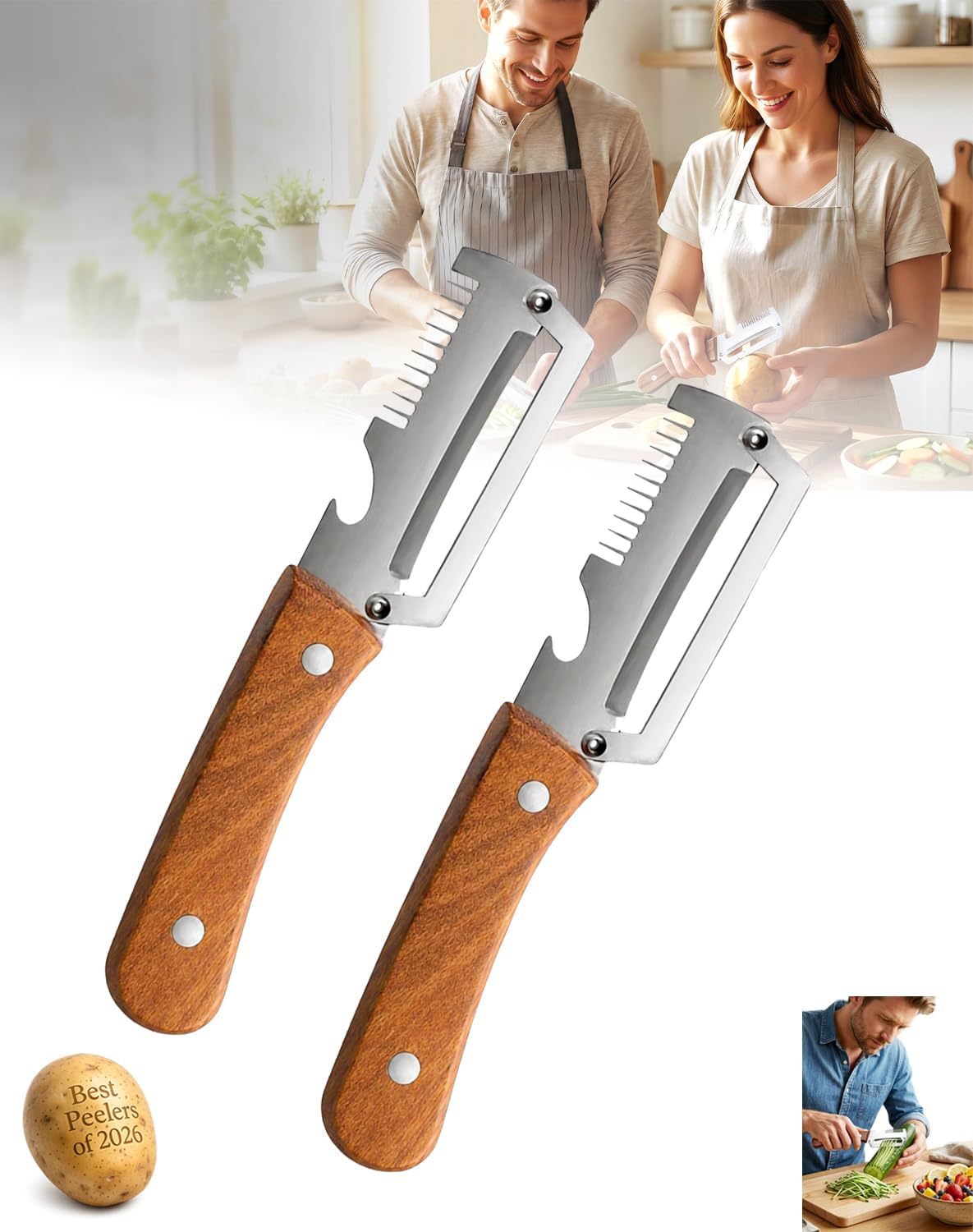 Precision Peeler Pro Heavy Duty Vegetable Peeler, 420 Stainless Steel 2.5mm Thick Blade, Julienne Peeler with Wood Handle & Bottle Opener for Hard Produce (A+B)