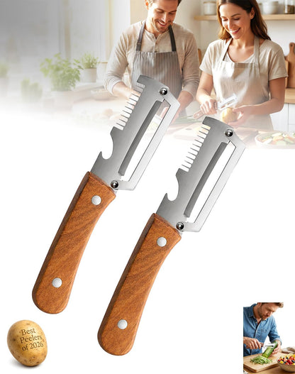 Precision Peeler Pro Heavy Duty Vegetable Peeler, 420 Stainless Steel 2.5mm Thick Blade, Julienne Peeler with Wood Handle & Bottle Opener for Hard Produce (A+B)