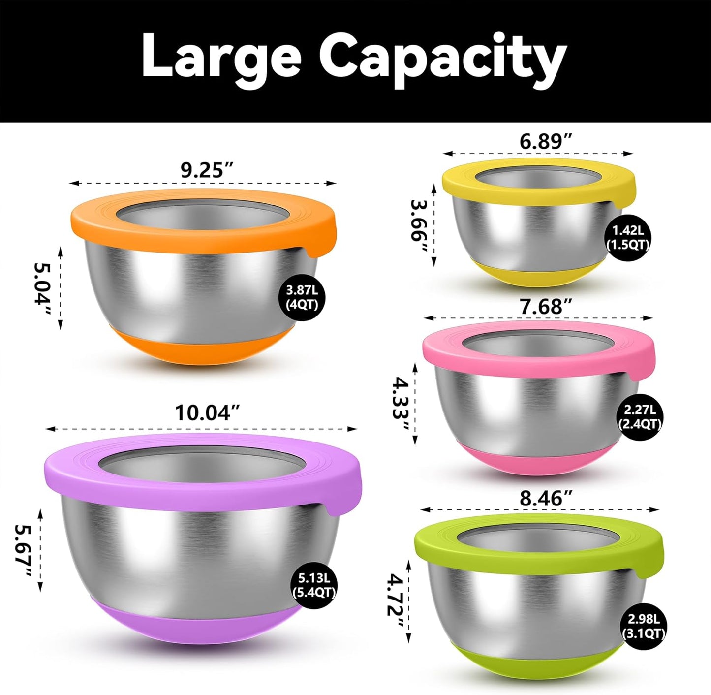 KITEISCAT Stainless Steel Mixing Bowls with Lids – Set of 5 Large Nesting Metal Bowls for Kitchen, Baking, Cooking, Food Prep & Storage, Non-Slip Base, Dishwasher Safe,Khaki