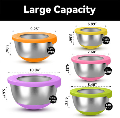 KITEISCAT Stainless Steel Mixing Bowls with Lids – Set of 5 Large Nesting Metal Bowls for Kitchen, Baking, Cooking, Food Prep & Storage, Non-Slip Base, Dishwasher Safe,Khaki