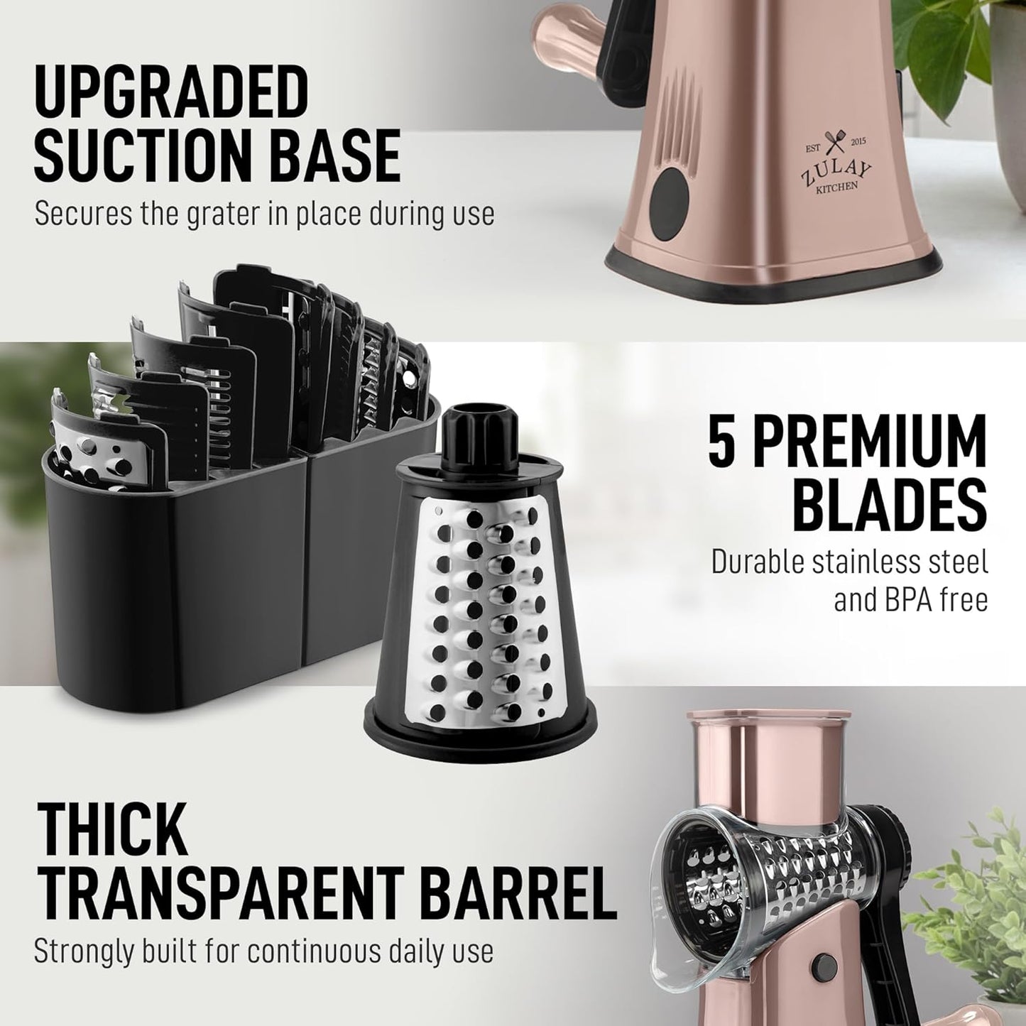 Zulay Kitchen Rotary Cheese Grater 5 Blade Cheese Shredder - Manual Hand Crank Cheese Grater With Reinforced Suction & 5 Interchangeable Drums - Easy to Use, Vegetable Chopper Round Mandoline Slicer - Colors A