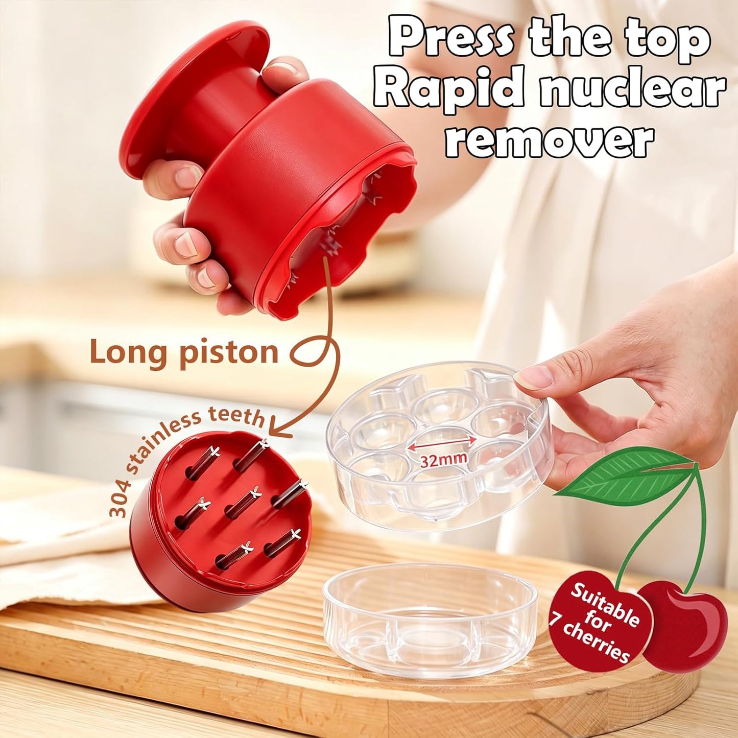 Cherry Pitter Tool 7-in-1 Stainless Steel Cherry Pitter with Splatter Guard, Easy Push Button Cherry Pitter Tool for Cherries Olives and Fruits, Food Grade Cherry Seed Remover
