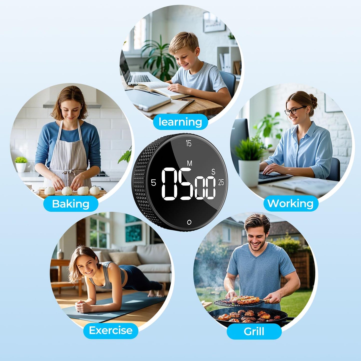 Digital Magnetic Kitchen Timer for Cooking, Large LED Visual Countdown Timer, Rotating Dial Pomodoro Focus Timer, Adjustable Volume, 5/15/25 Min Presets for Kids, Teachers, Seniors